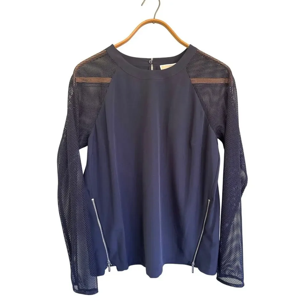 Michael Kors Mesh Sleeve Blouse Women's Large Navy Zip Side Long Sleeve NWT